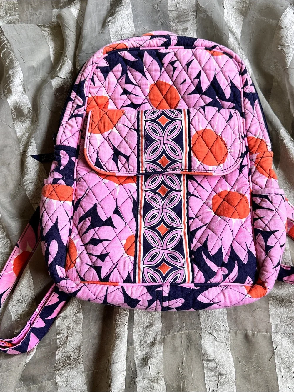 Vera Bradley Loves Me Pink & Orange Quilted Floral Backpack Matching Wallet